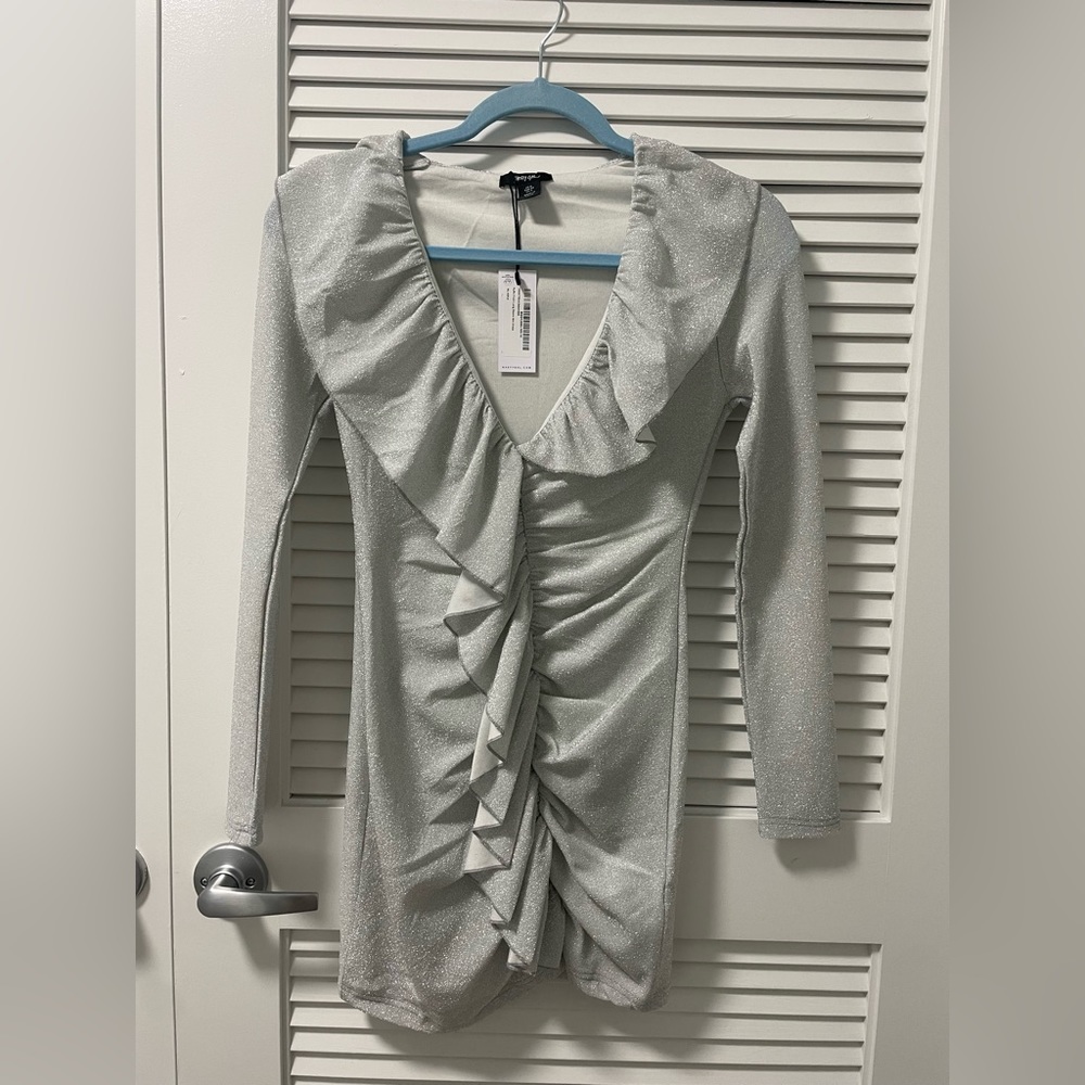 Nasty Gal ruffle front long sleeve midi dress